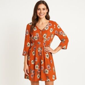 J Gee Womens Burnt Orange Floral Smocked Waist Dress Size Large long Sleeves